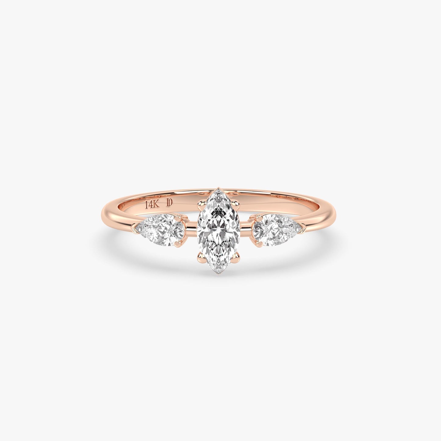 Marquise Diamond Ring in 14K Gold – Lab Grown Marquise Center with Pear Side Stones, Elegant Three-Stone Engagement Ring, Gift for Her