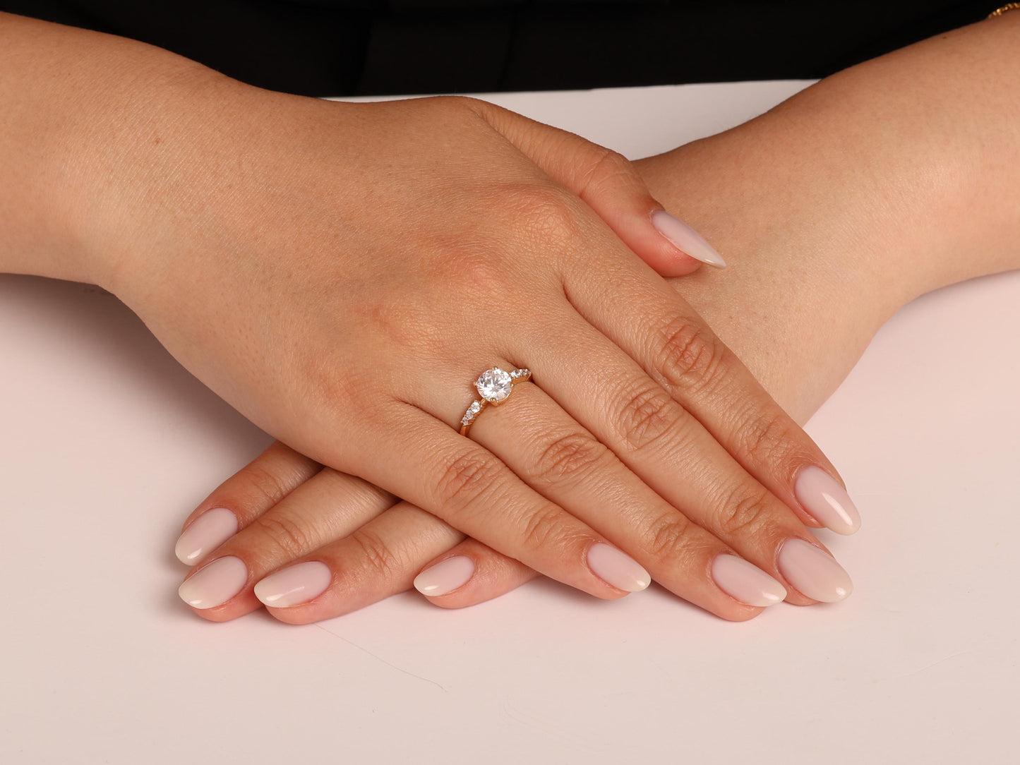 14K Gold Round Diamond Ring – Elegant Bridal Lab Grown Solitaire with Side Stones, Perfect for Engagements or Meaningful Milestone Gifts