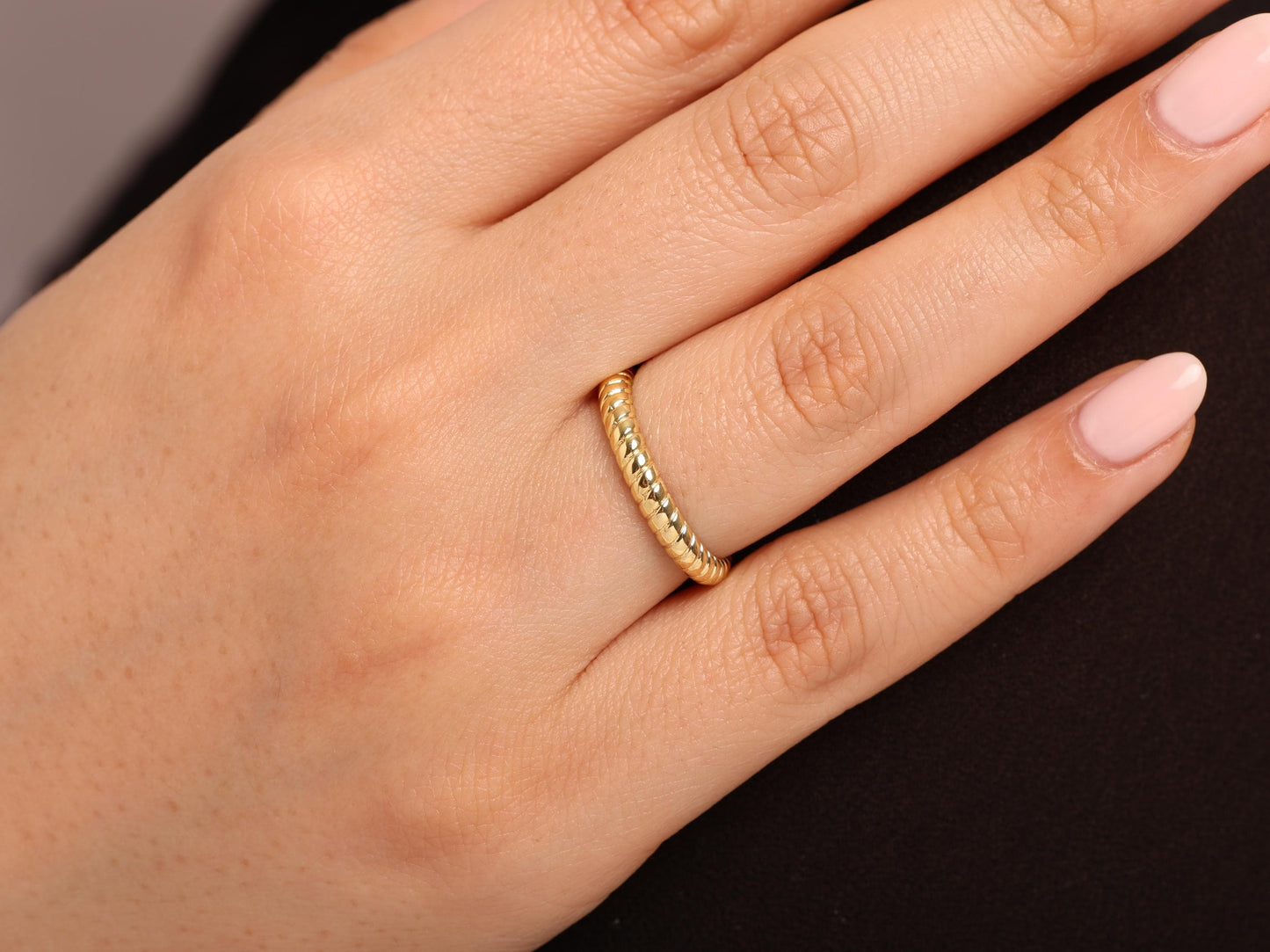 14K Solid Gold Twist Band Ring – Minimal Rope Style Stackable Ring, Slim Polished Band with Subtle Texture for Everyday Elegance