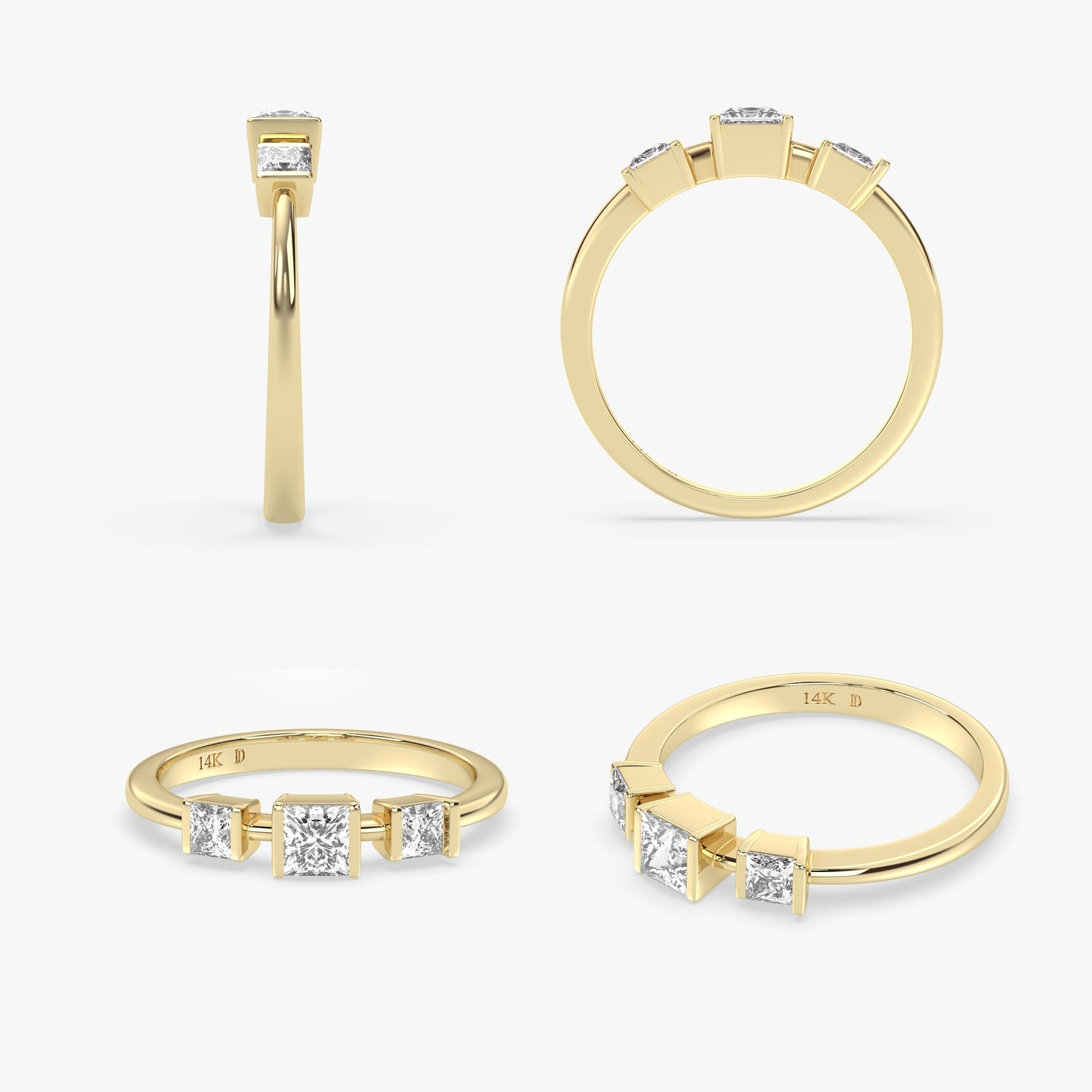 14K Gold Princess Cut Diamond Ring – Lab Grown Three Stone Ring, Minimalist Square Diamond Band, Dainty Solid Gold Engagement Ring