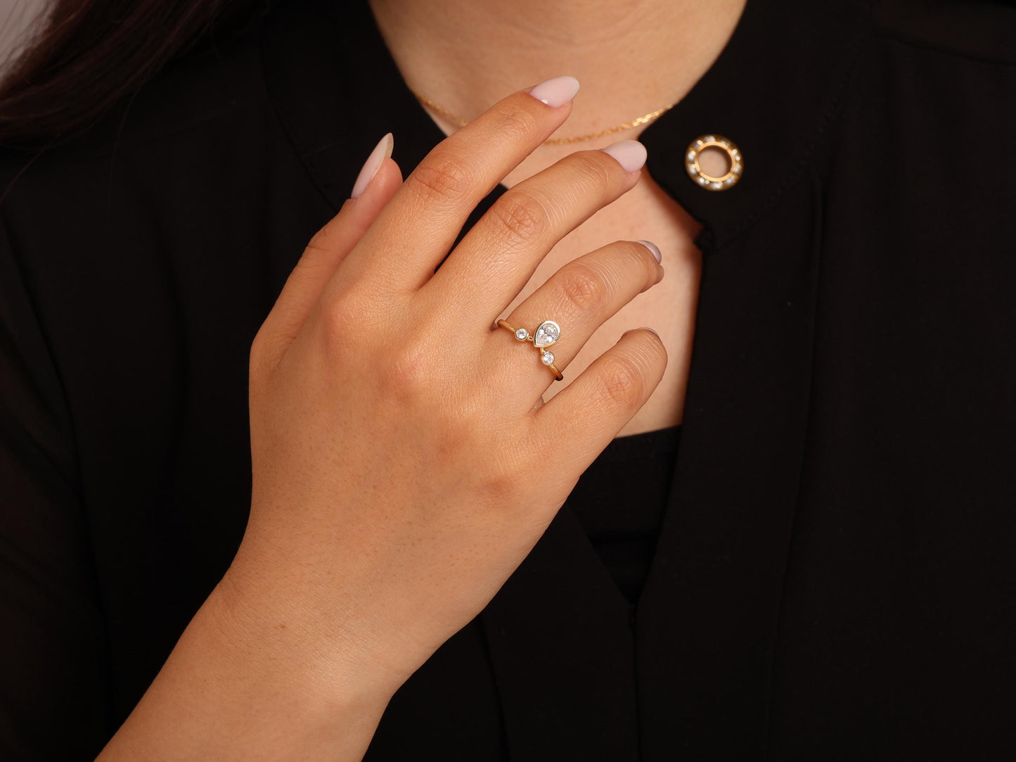14K Gold Teardrop Diamond Ring – Dainty Pear and Round Trio Design, Solid Gold Elegant Band, Minimal Fine Jewelry Gift, Gift for Her