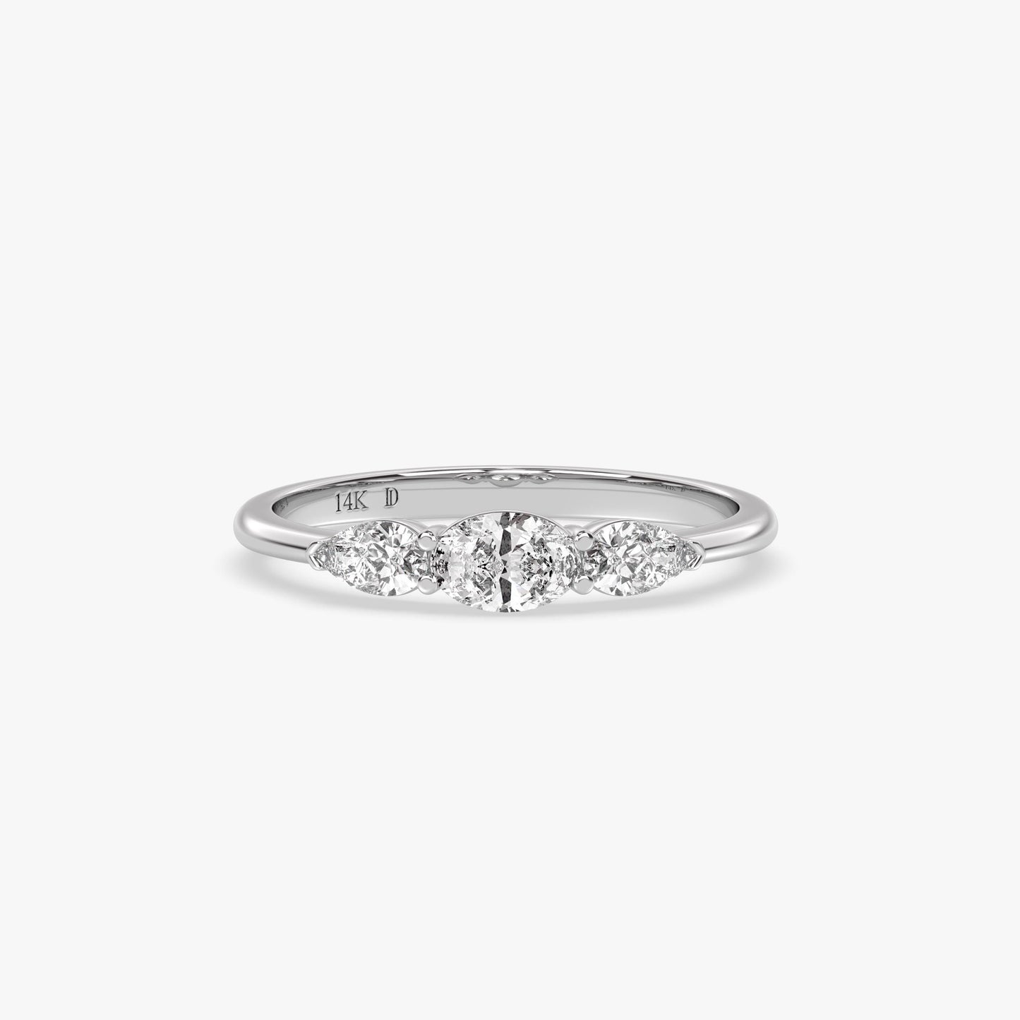 Three-Stone Diamond Ring in 14K Gold – Lab Grown Oval Center with Pear Side Stones, Minimalist Engagement or Stacking Ring, Gift for Her