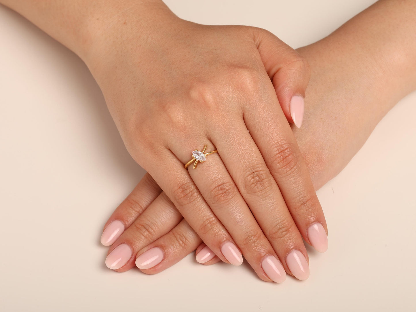 Marquise Diamond Ring in 14K Gold – Lab Grown Stone, Criss Cross Band Design, Minimalist Stacking Ring, Elegant Promise or Gift Jewellery