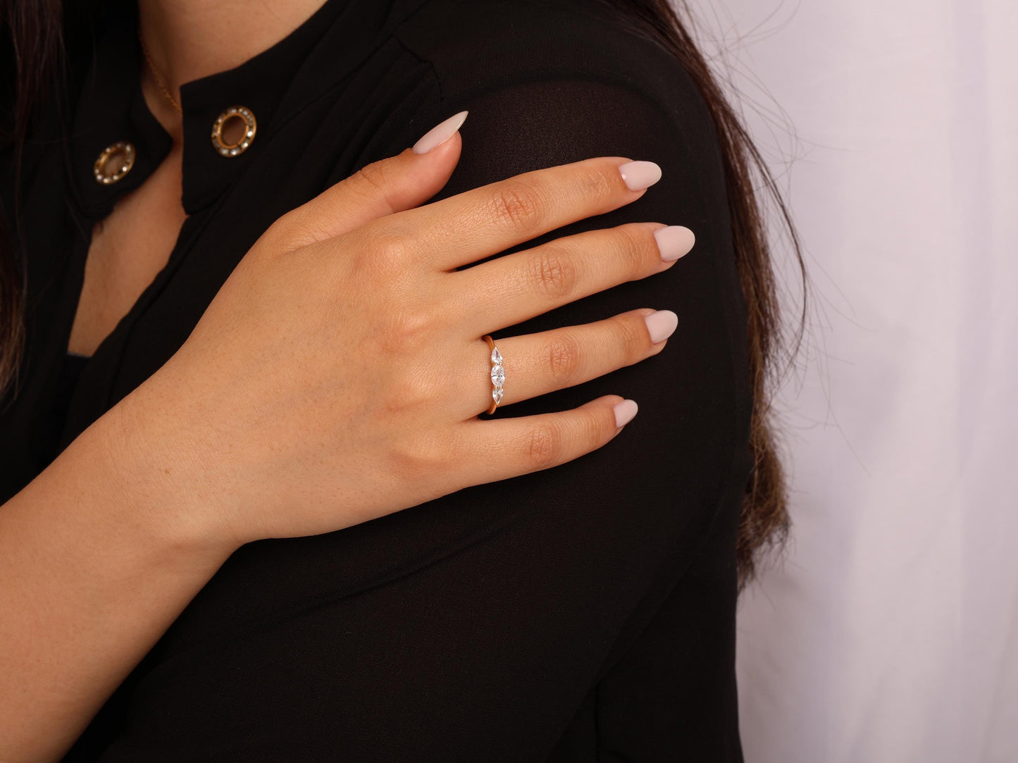 Three-Stone Diamond Ring in 14K Gold – Lab Grown Oval Center with Pear Side Stones, Minimalist Engagement or Stacking Ring, Gift for Her
