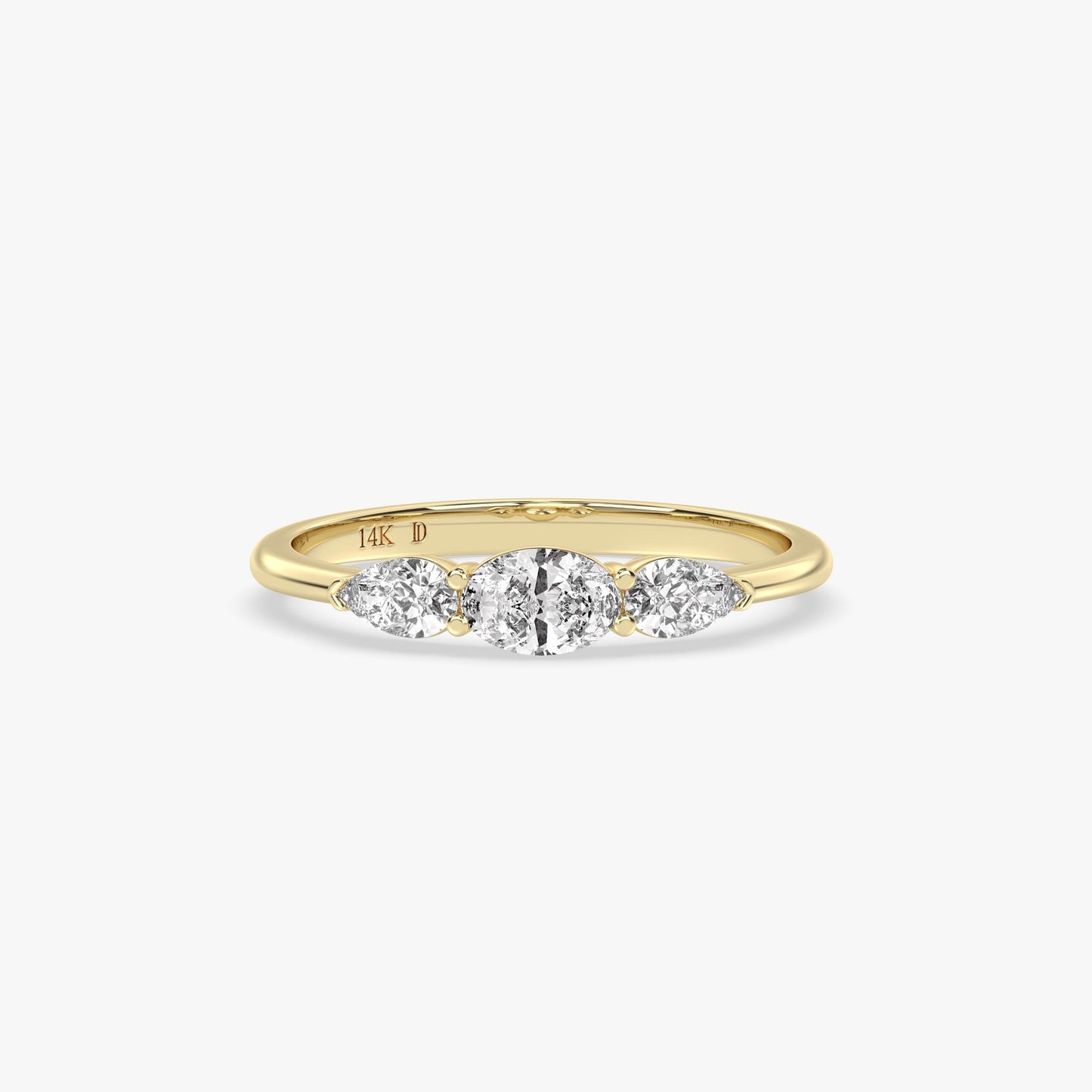 Three-Stone Diamond Ring in 14K Gold – Lab Grown Oval Center with Pear Side Stones, Minimalist Engagement or Stacking Ring, Gift for Her
