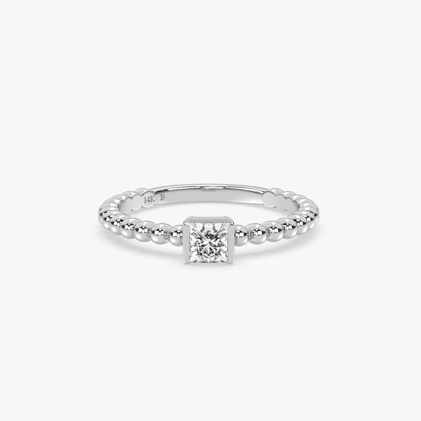 14K Gold Princess Cut Beaded Ring – Modern Minimal Band with Square Lab Diamond in Bezel Setting, Stylish Solid Gold Stacking Piece