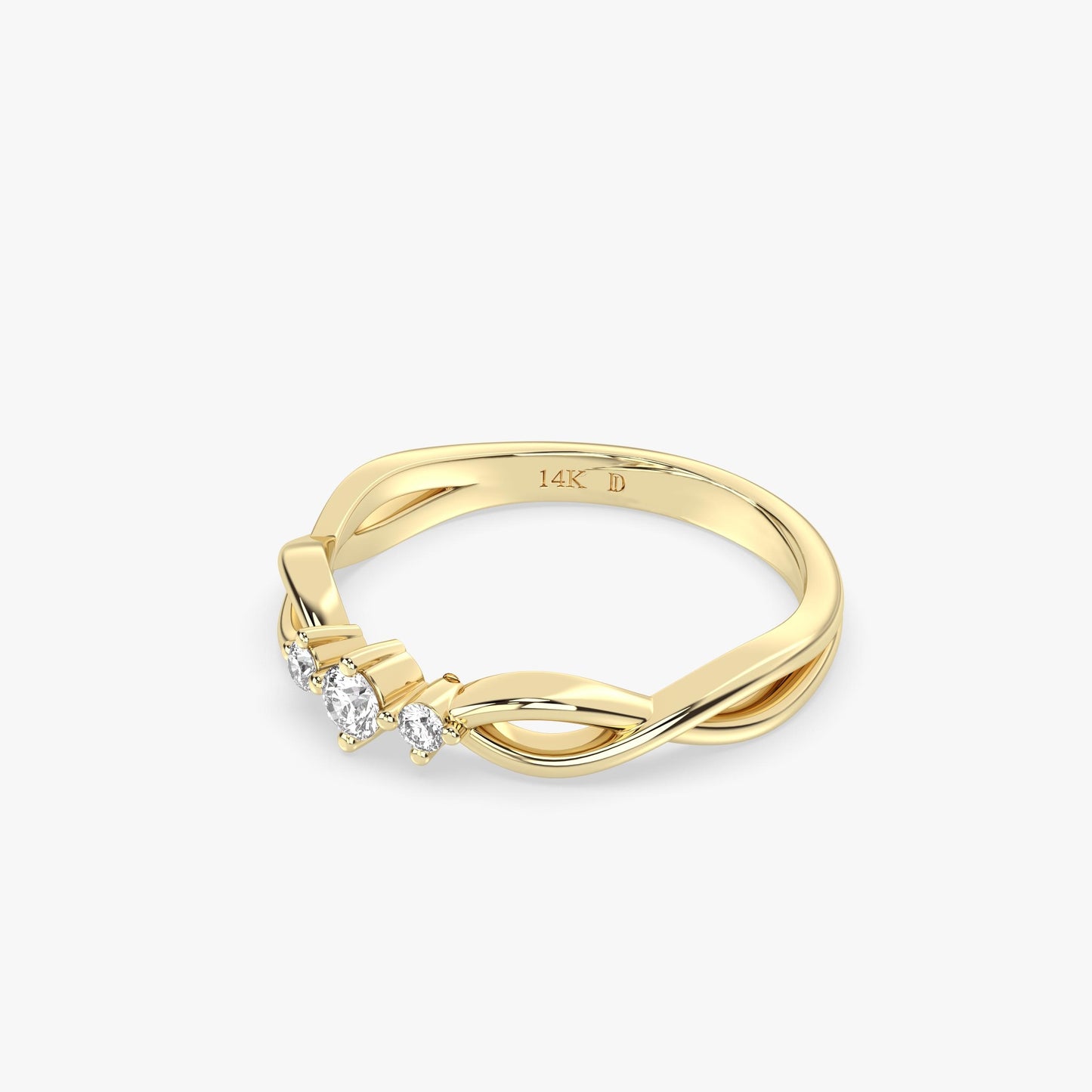 14K Gold Three-Stone Twist Ring – Lab Grown Round Diamond Band with Curved Design, Dainty Stacking or Promise Ring, Gold Jewelry for Her