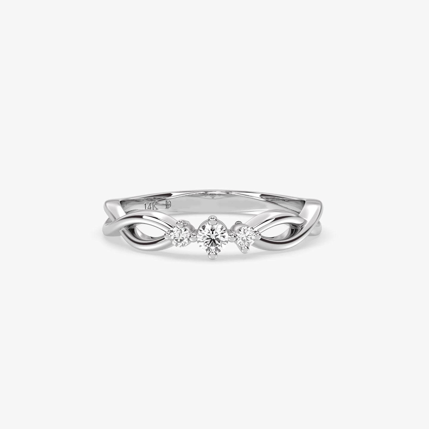 14K Gold Three-Stone Twist Ring – Lab Grown Round Diamond Band with Curved Design, Dainty Stacking or Promise Ring, Gold Jewelry for Her