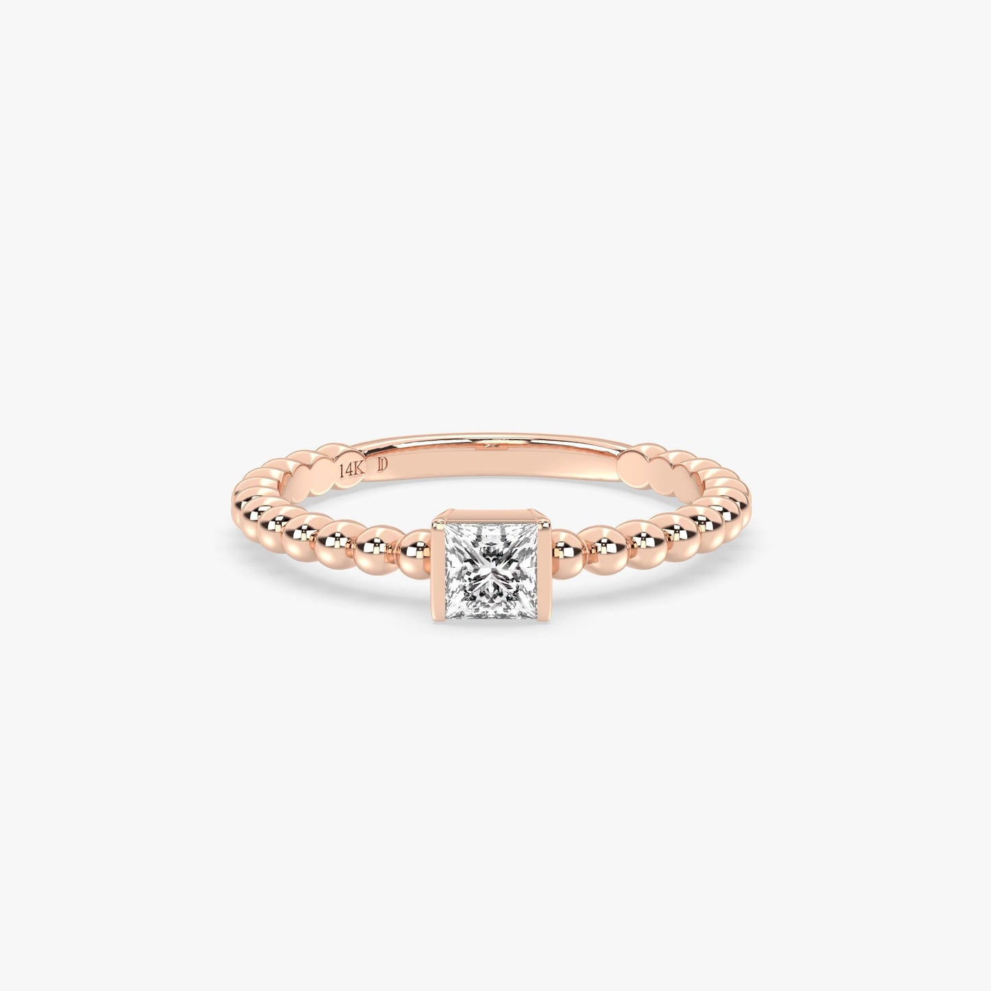 14K Gold Princess Cut Beaded Ring – Modern Minimal Band with Square Lab Diamond in Bezel Setting, Stylish Solid Gold Stacking Piece