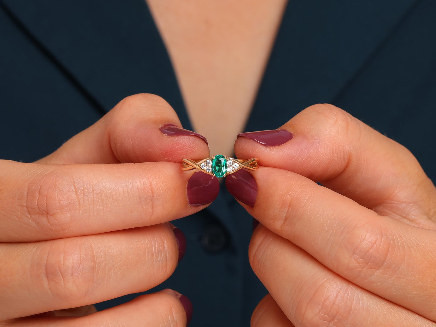 14K Gold Emerald Ring – Oval Lab-Grown Gemstone with Diamond Accents – Twisted Band Fine Jewelry – Ruby, Sapphire, Amethyst Ring