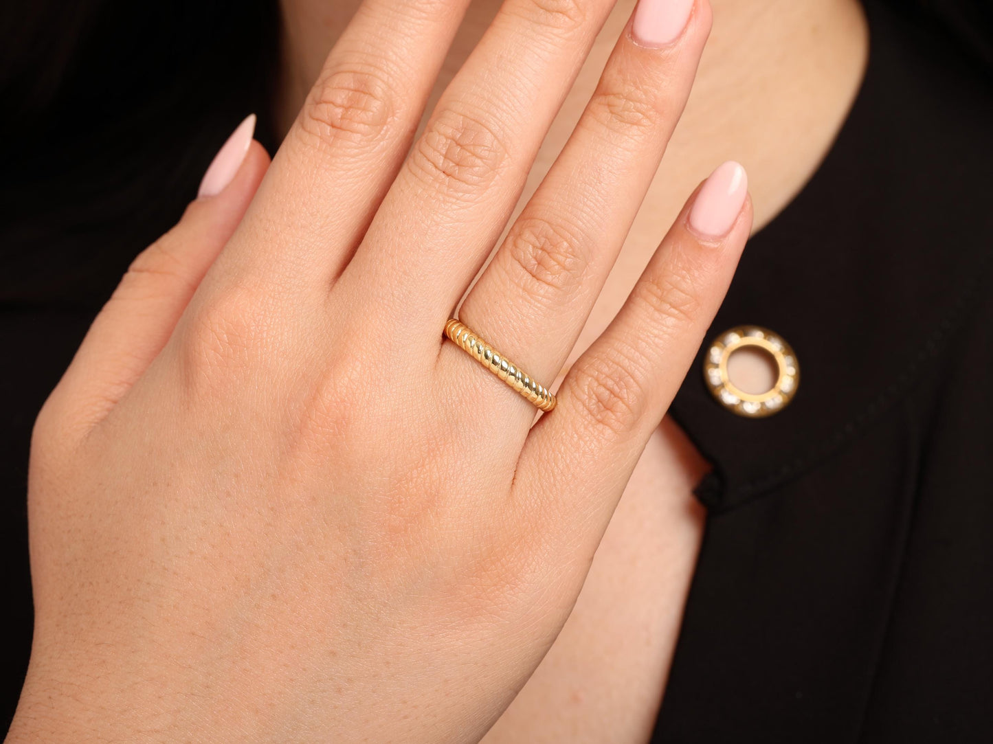 14K Solid Gold Twist Band Ring – Minimal Rope Style Stackable Ring, Slim Polished Band with Subtle Texture for Everyday Elegance