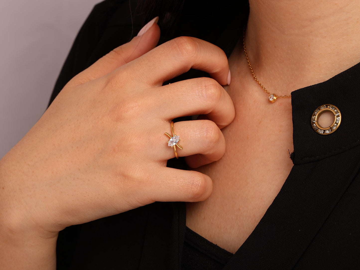 Marquise Diamond Ring in 14K Gold – Lab Grown Stone, Criss Cross Band Design, Minimalist Stacking Ring, Elegant Promise or Gift Jewellery