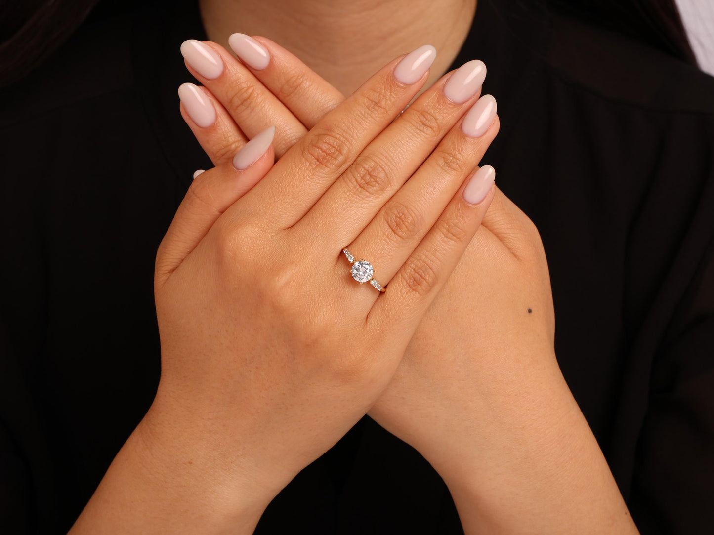 14K Gold Round Diamond Ring – Elegant Bridal Lab Grown Solitaire with Side Stones, Perfect for Engagements or Meaningful Milestone Gifts