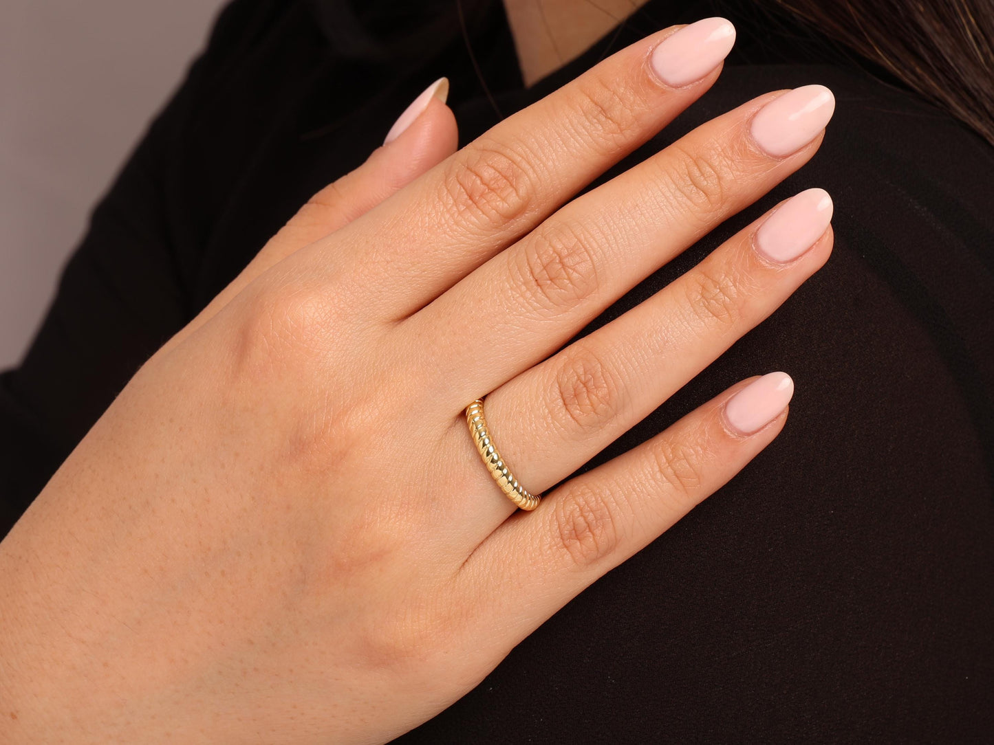 14K Solid Gold Twist Band Ring – Minimal Rope Style Stackable Ring, Slim Polished Band with Subtle Texture for Everyday Elegance