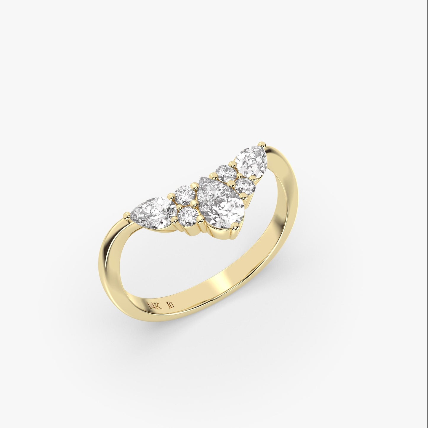 14K Gold Chevron Diamond Ring – Lab Grown Pear and Round Diamond Cluster Band, V Shape Wedding Ring, Dainty Stacking Fine Jewelry for Women