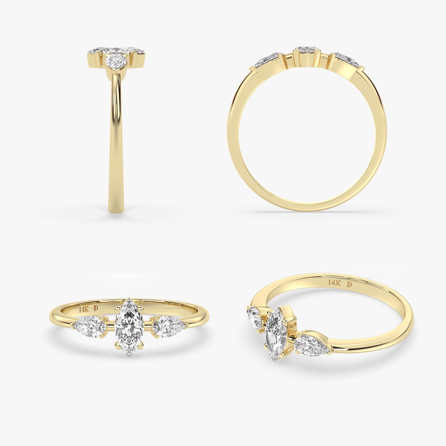 Marquise Diamond Ring in 14K Gold – Lab Grown Marquise Center with Pear Side Stones, Elegant Three-Stone Engagement Ring, Gift for Her