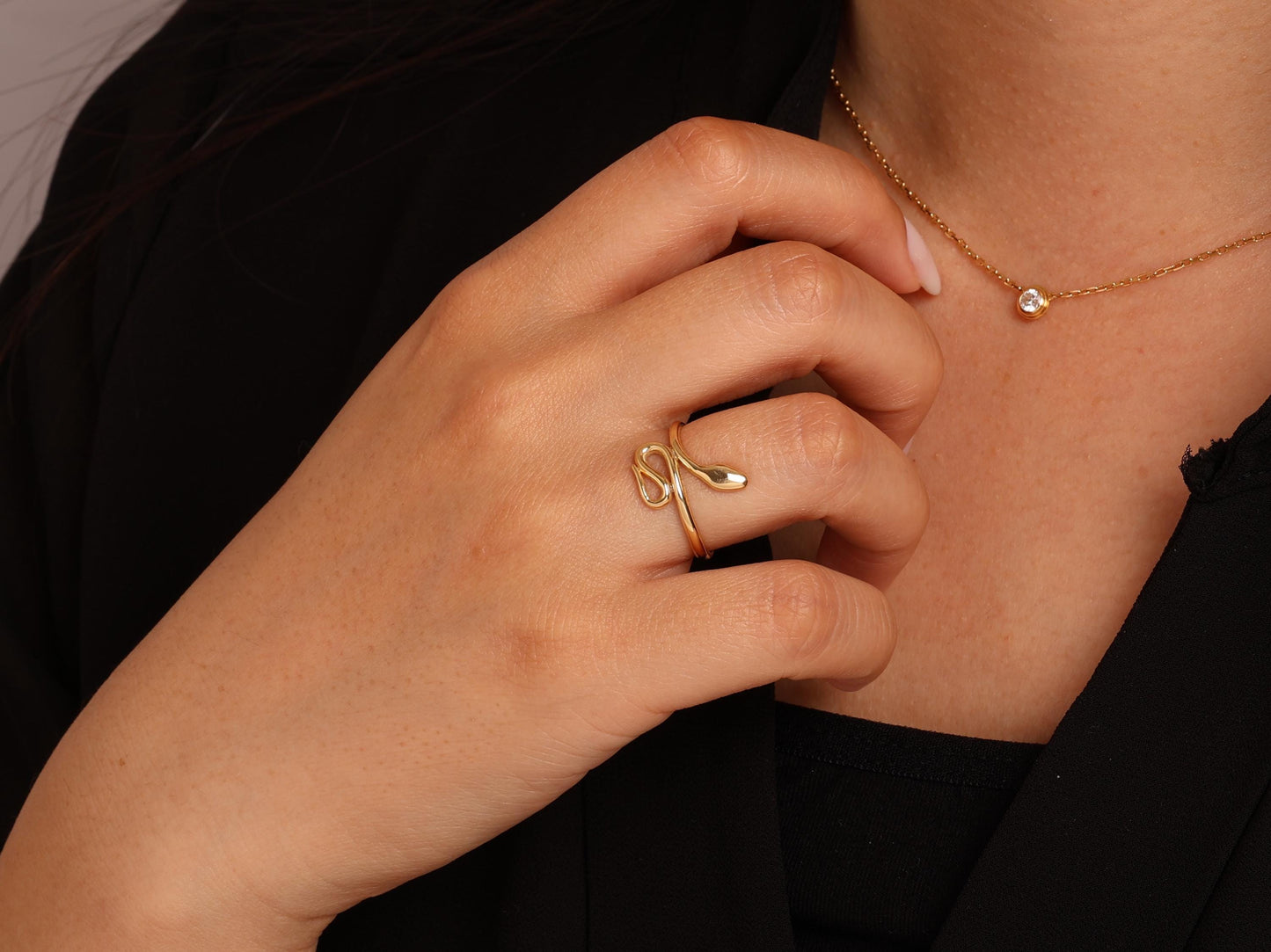 14K Gold Snake Ring – Minimal Serpent-Inspired Open Band, Finger Wrap Ring - Gold Minimalist Ring Gift - Dainty Gold Ring -