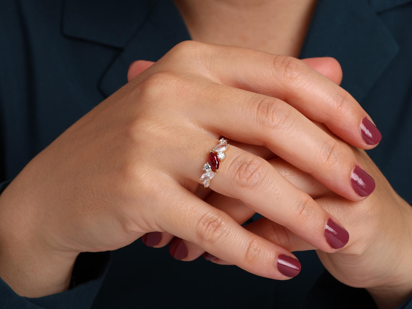 14K Gold Marquise Ruby Ring – Lab-Grown Gemstone with Diamond Accents – Dainty Stacking or Promise Ring – Emerald, Sapphire, Amethyst