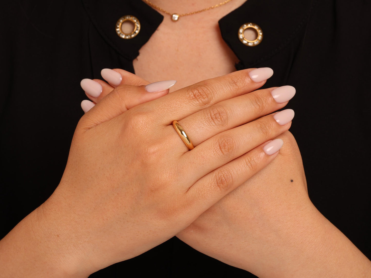 14K Gold Dome Ring – Thin Polished Gold Band for Women – Minimalist Solid Gold Stacking Ring slim - Rounded Gold Ring