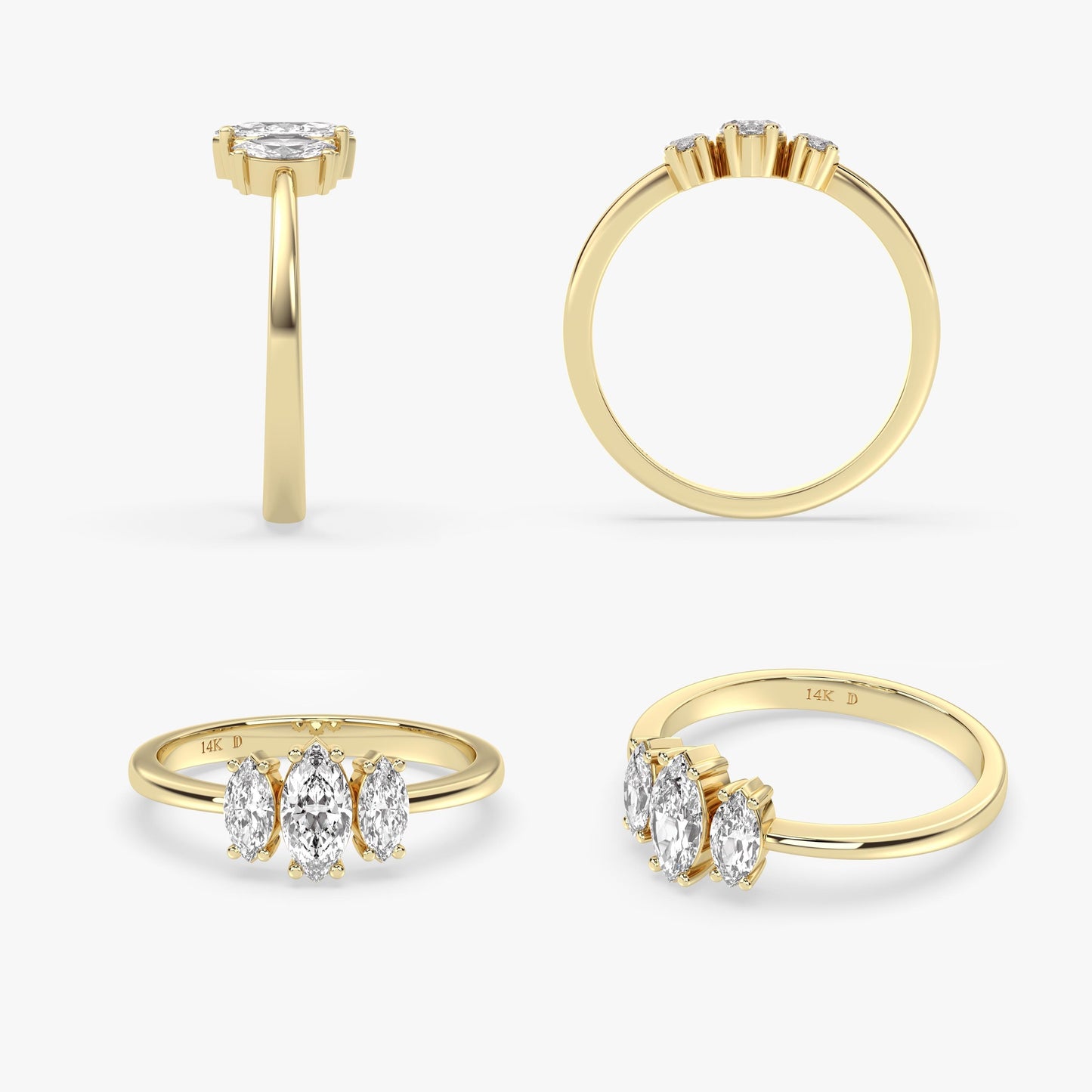14K Gold Marquise Trio Ring – Minimal Three-Stone Solid Gold Band with 3 Lab-Grown Diamonds, Elegant Handmade Statement Design, Gift for Her