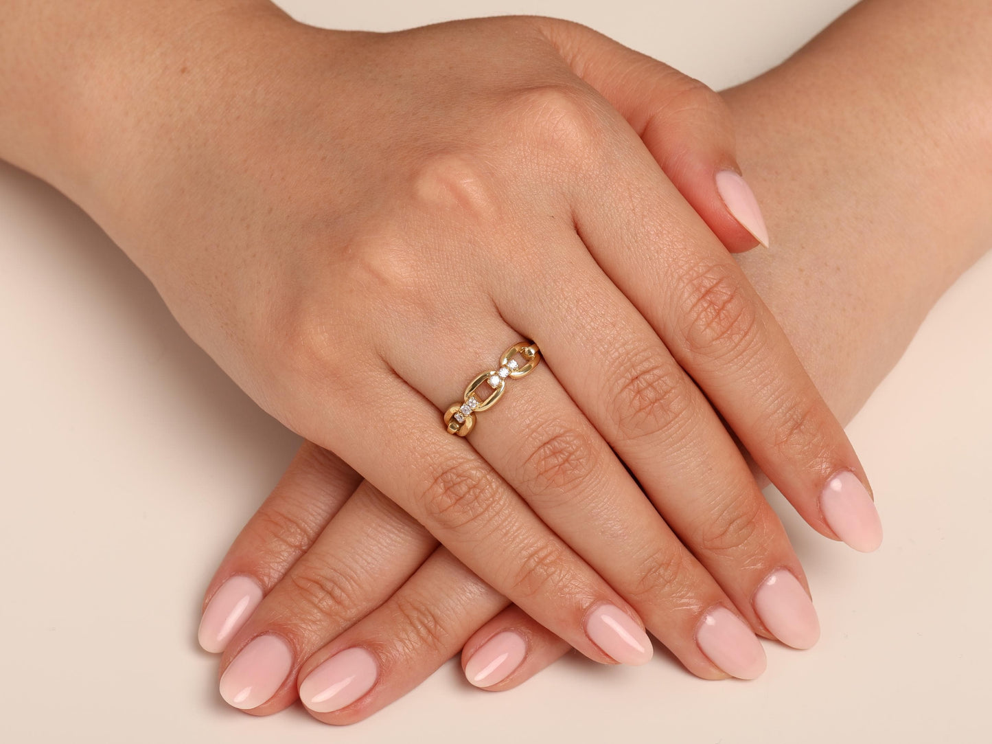 14K Solid Gold Chain Link Ring with Lab Diamonds – Minimalist Paperclip Style, Stacking Dainty Gold Ring, Elegant Gift for Women