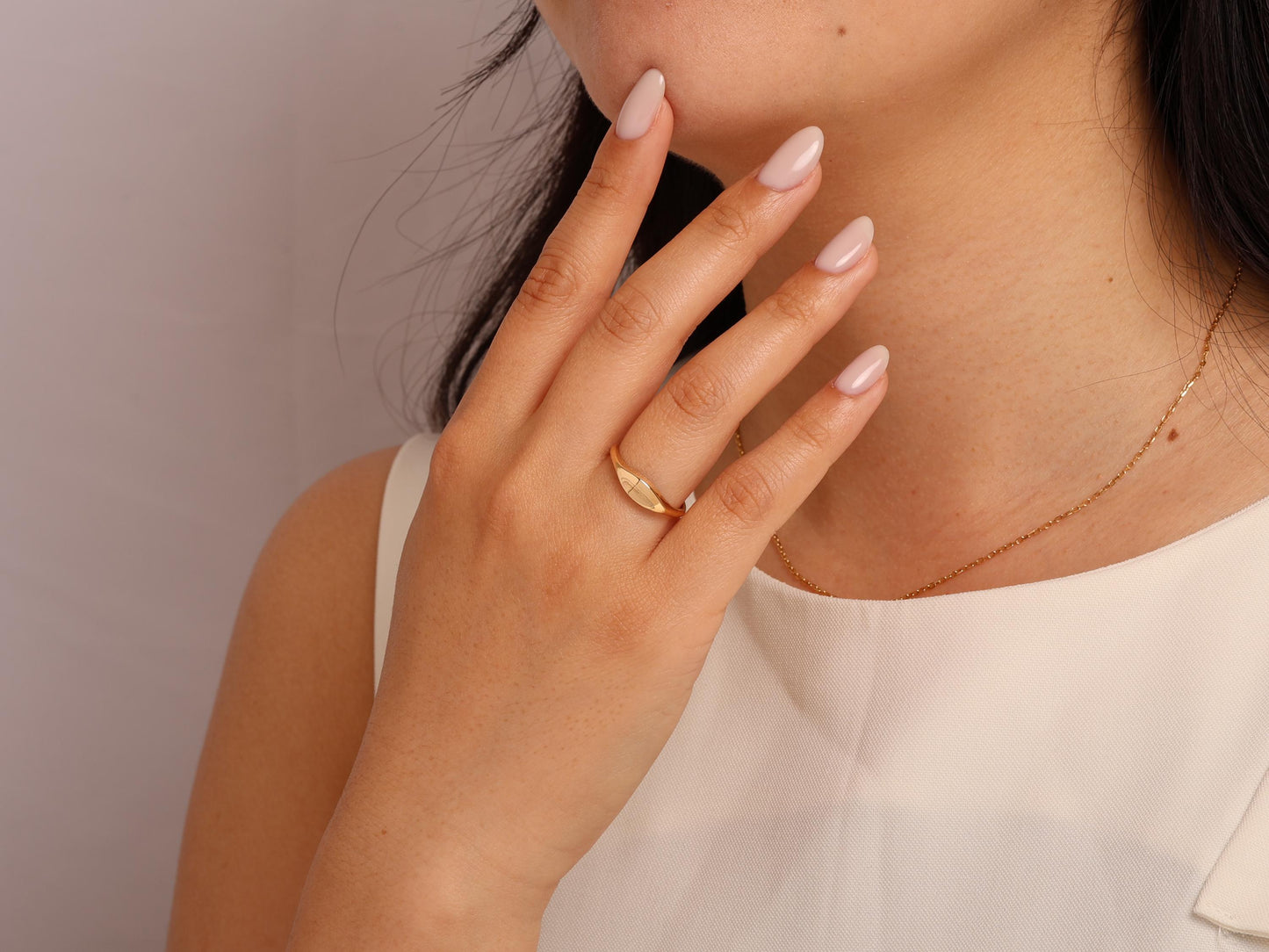 14K Gold Flat Signet Ring – Minimalist Statement Ring for Women – Dainty Solid Gold Everyday Band – Elegant Jewellery Gift