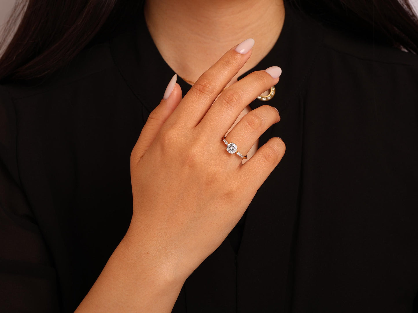 14K Gold Round Diamond Ring – Elegant Bridal Lab Grown Solitaire with Side Stones, Perfect for Engagements or Meaningful Milestone Gifts