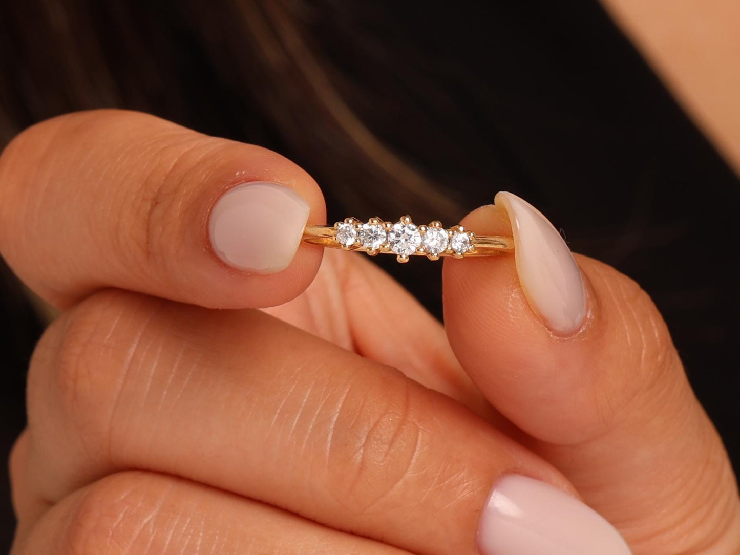 Five-Stone Diamond Ring in 14K Gold – Dainty Lab Grown Diamond Stacking Band, Minimalist Wedding or Promise Ring, Elegant Gift for Her