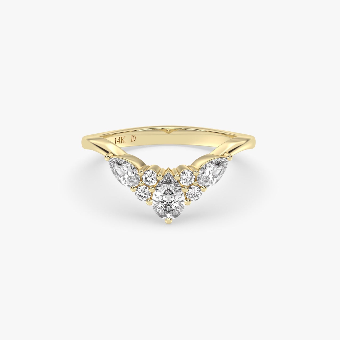 14K Gold Chevron Diamond Ring – Lab Grown Pear and Round Diamond Cluster Band, V Shape Wedding Ring, Dainty Stacking Fine Jewelry for Women