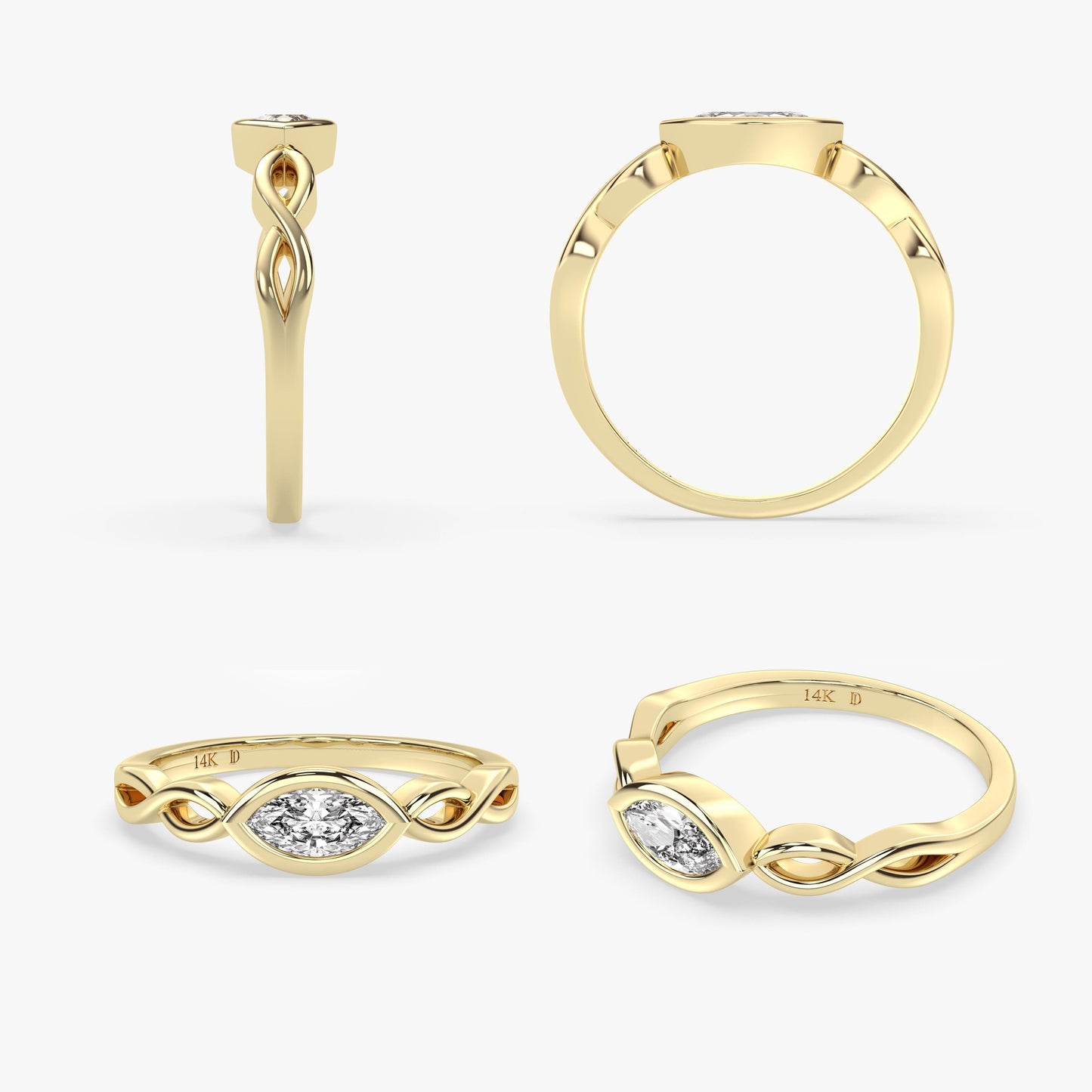 Marquise Diamond Ring in 14K Gold – Lab Grown Bezel Set Stone, Twisted Gold Band, Unique Minimalist Wedding or Stacking Ring, Gift for Her