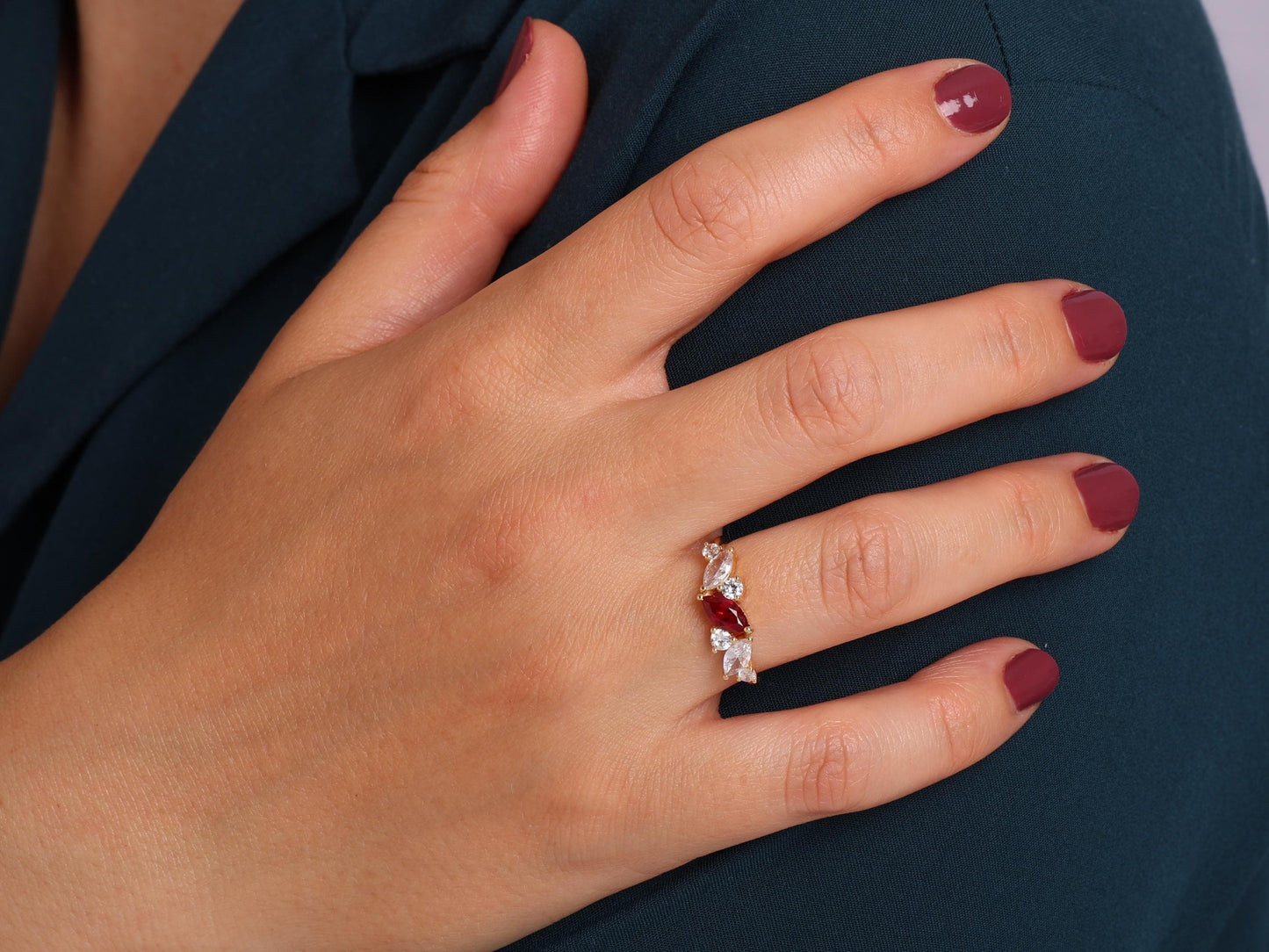 14K Gold Marquise Ruby Ring – Lab-Grown Gemstone with Diamond Accents – Dainty Stacking or Promise Ring – Emerald, Sapphire, Amethyst