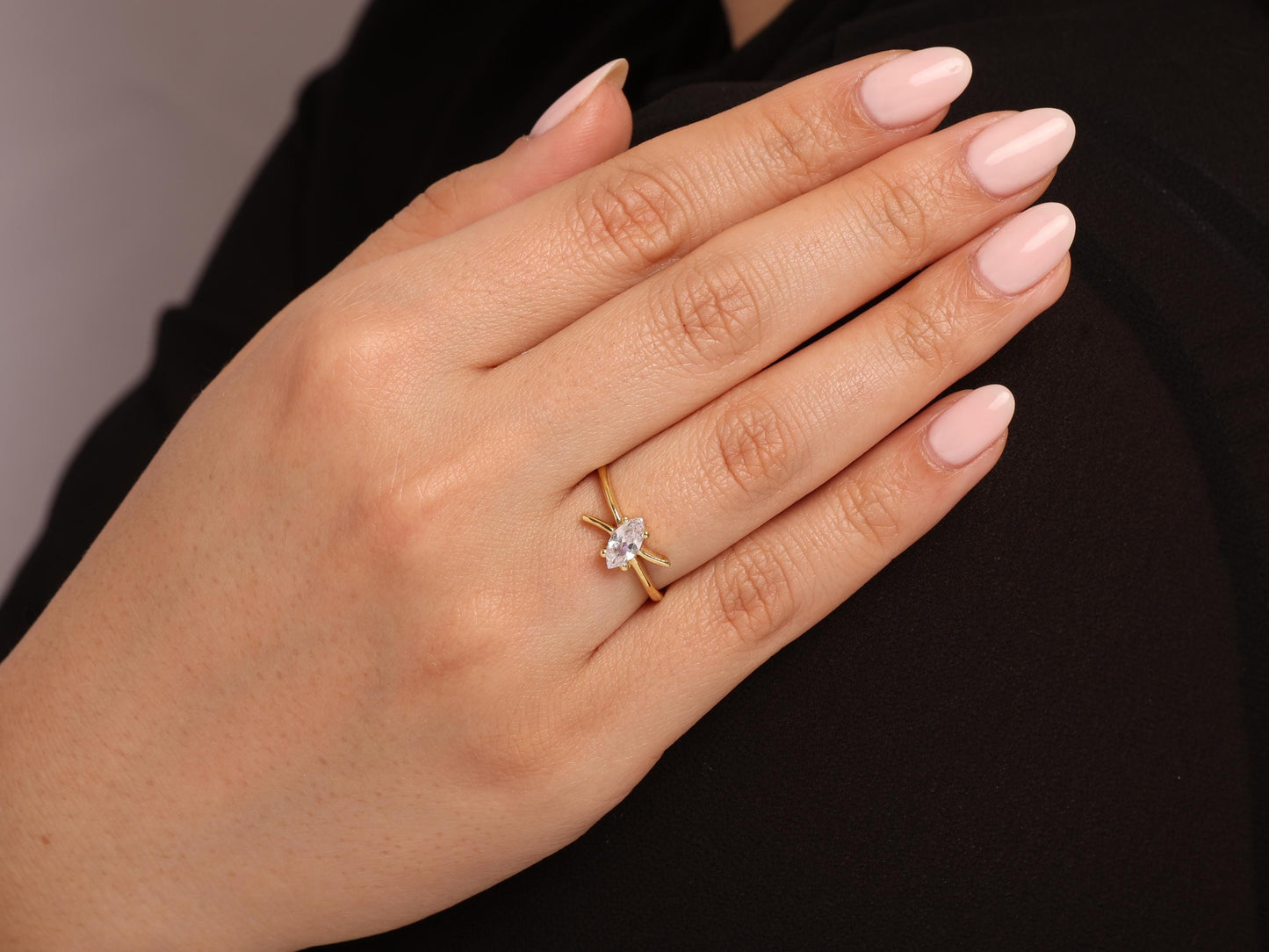 Marquise Diamond Ring in 14K Gold – Lab Grown Stone, Criss Cross Band Design, Minimalist Stacking Ring, Elegant Promise or Gift Jewellery
