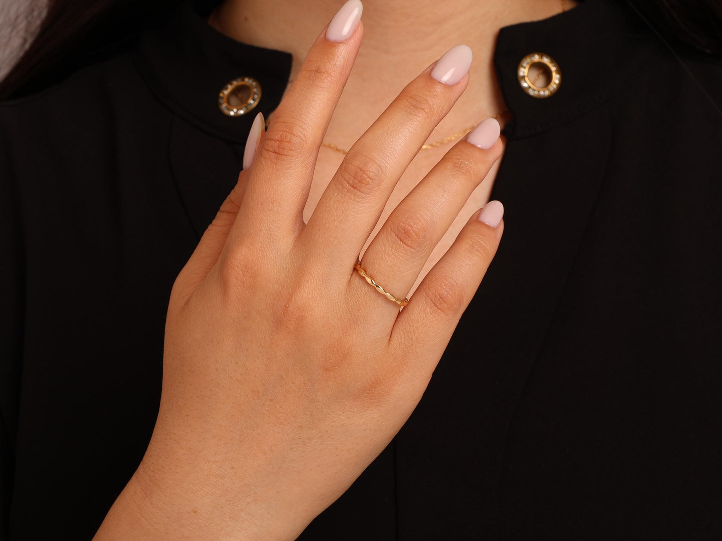 14K Gold Tiny Curved Ring – Simple Wave Band, Elegant Contour Stacking Ring in Real Gold