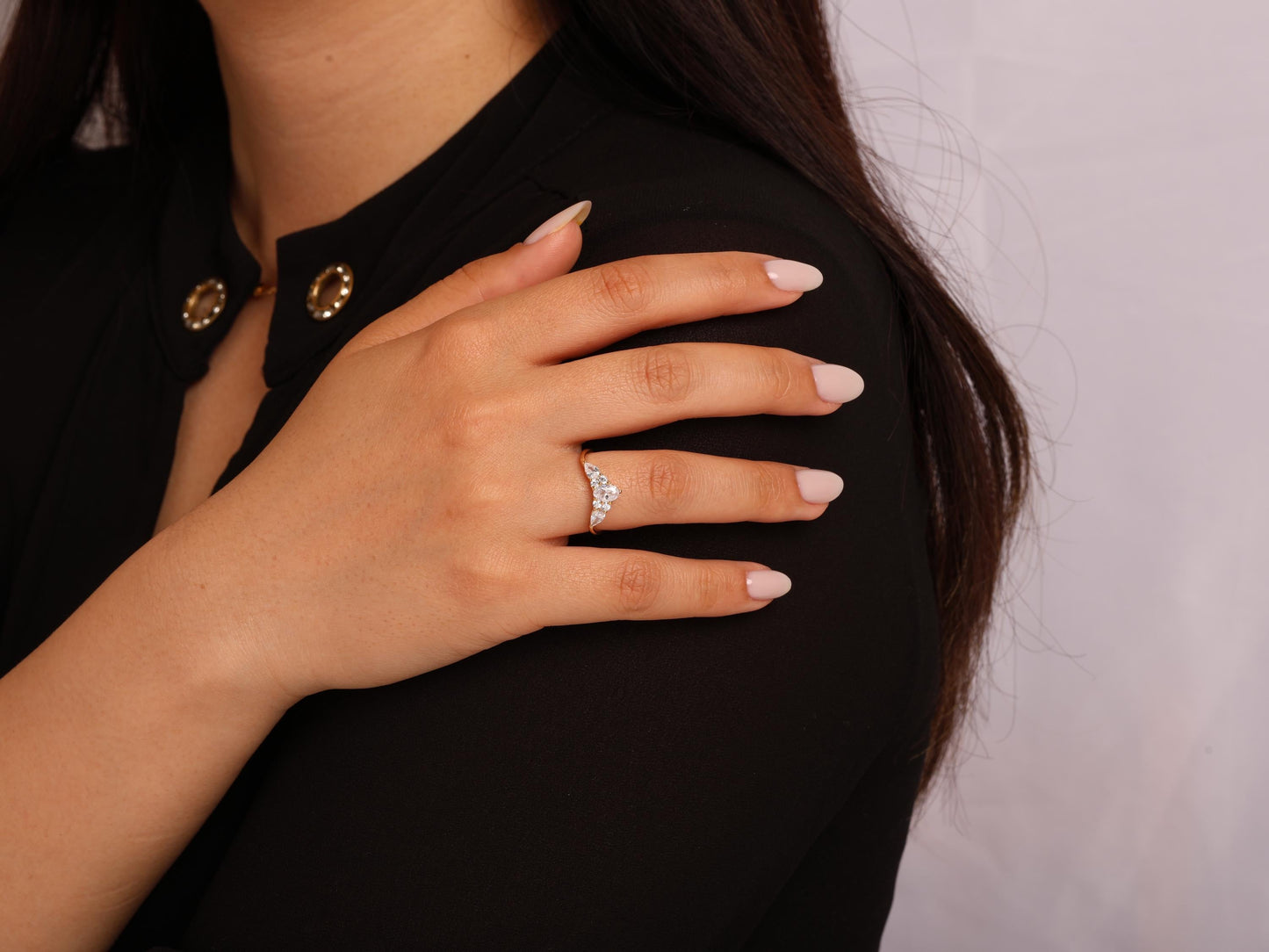 14K Gold Chevron Diamond Ring – Lab Grown Pear and Round Diamond Cluster Band, V Shape Wedding Ring, Dainty Stacking Fine Jewelry for Women