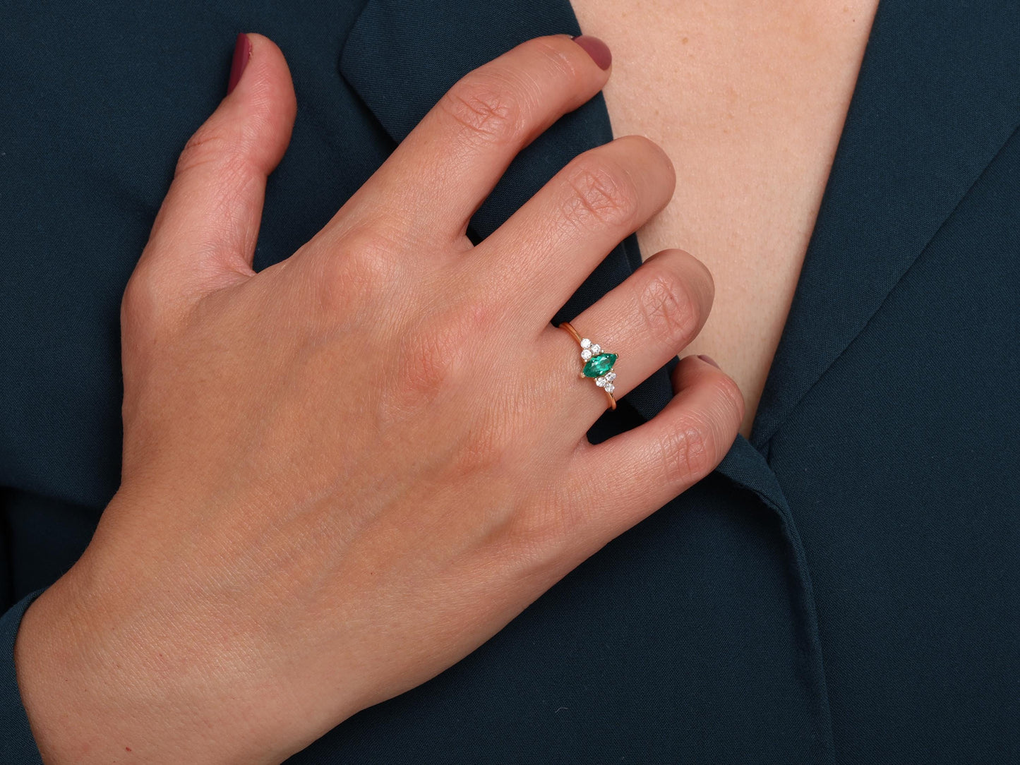 14K Marquise Emerald Ring – Dainty Diamond Accent Band for Stacking or Engagement – Elegant Gift for Her – Also in Ruby, Sapphire, Amethyst