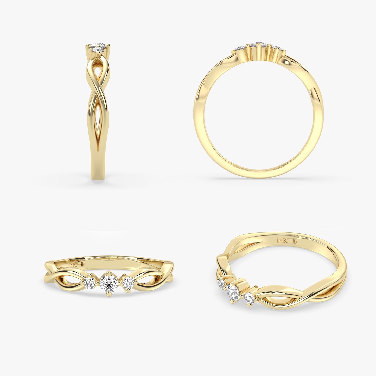 14K Gold Three-Stone Twist Ring – Lab Grown Round Diamond Band with Curved Design, Dainty Stacking or Promise Ring, Gold Jewelry for Her