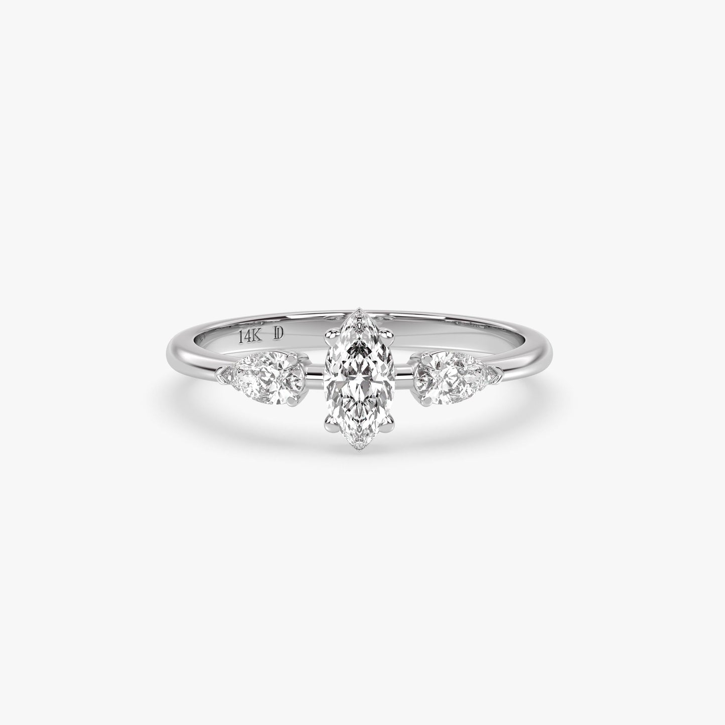 Marquise Diamond Ring in 14K Gold – Lab Grown Marquise Center with Pear Side Stones, Elegant Three-Stone Engagement Ring, Gift for Her