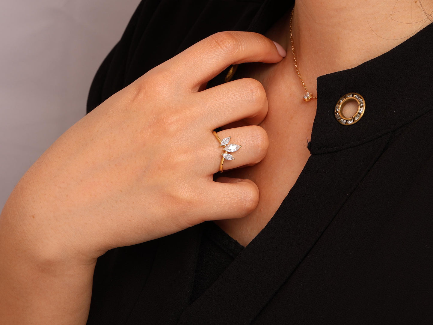 Triple Marquise Diamond Ring in 14K Gold – Lab Grown V-Shape Chevron Ring, Stacking Engagement Band, Minimalist Solid Gold Gift for Her
