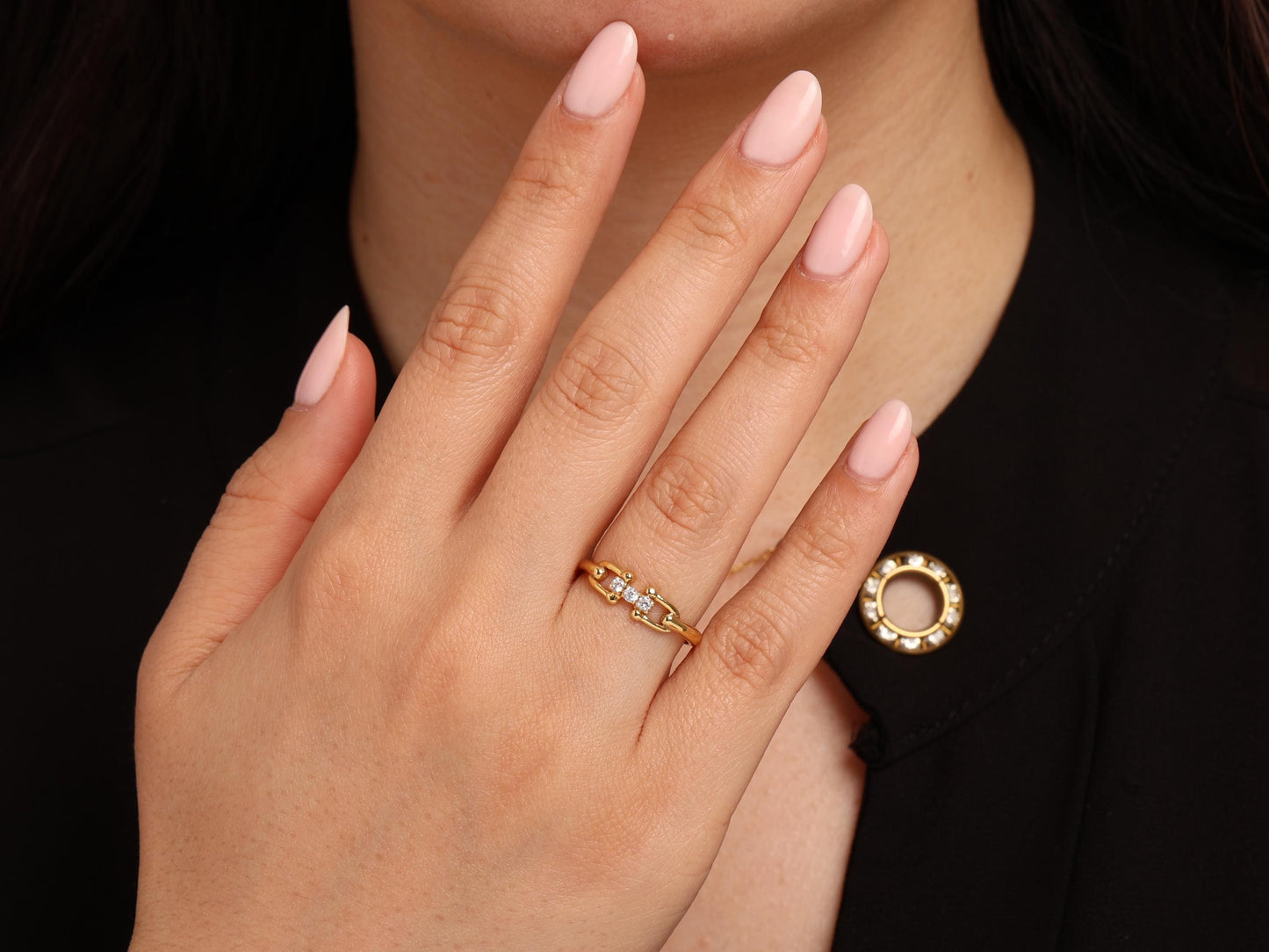 14K Gold Paperclip Ring with Lab Diamonds – Dainty Chain Link Band, Minimalist Stacking Gold Ring, Real Solid Gold Gift for Her