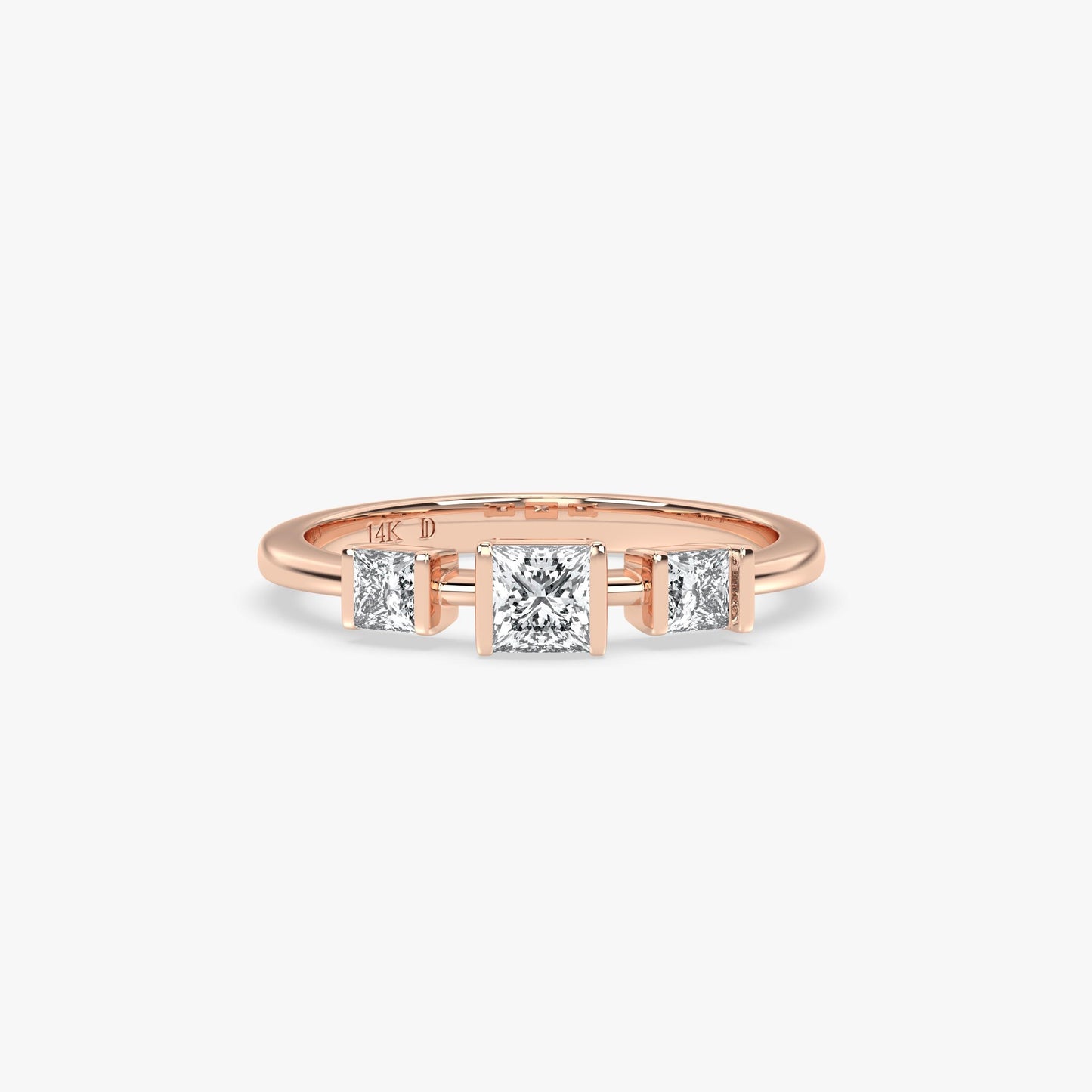 14K Gold Princess Cut Diamond Ring – Lab Grown Three Stone Ring, Minimalist Square Diamond Band, Dainty Solid Gold Engagement Ring