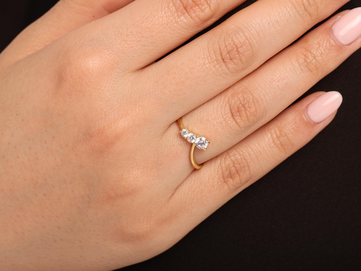 14K Gold Three Stone Diamond Ring – Dainty Solid Gold Band with Round Lab Grown Diamonds, Minimalist Stacking Ring for Women