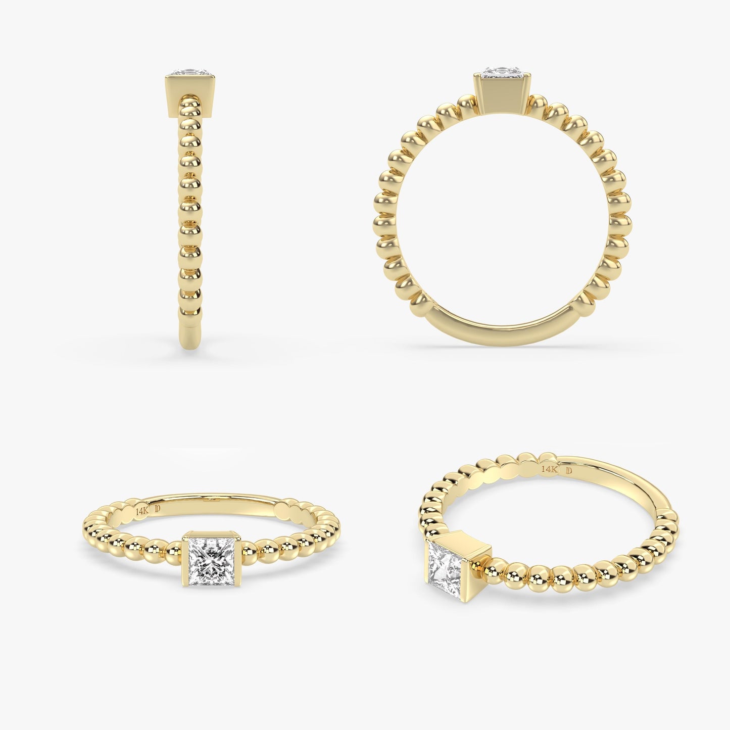 14K Gold Princess Cut Beaded Ring – Modern Minimal Band with Square Lab Diamond in Bezel Setting, Stylish Solid Gold Stacking Piece