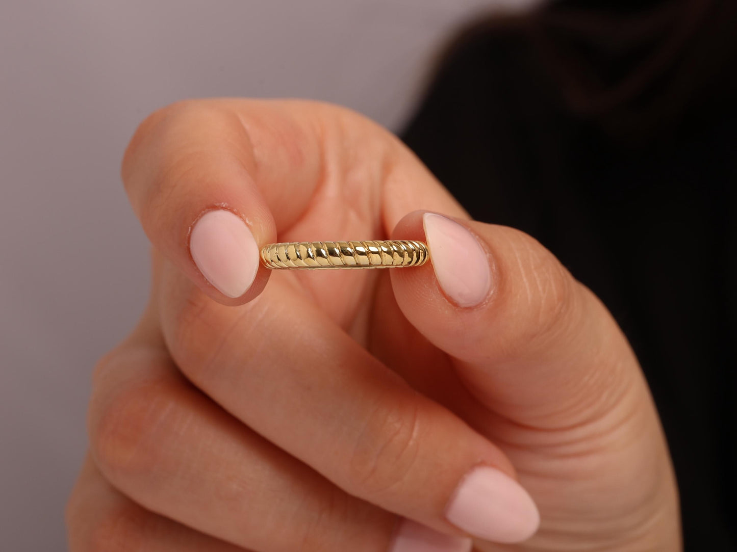 14K Solid Gold Twist Band Ring – Minimal Rope Style Stackable Ring, Slim Polished Band with Subtle Texture for Everyday Elegance