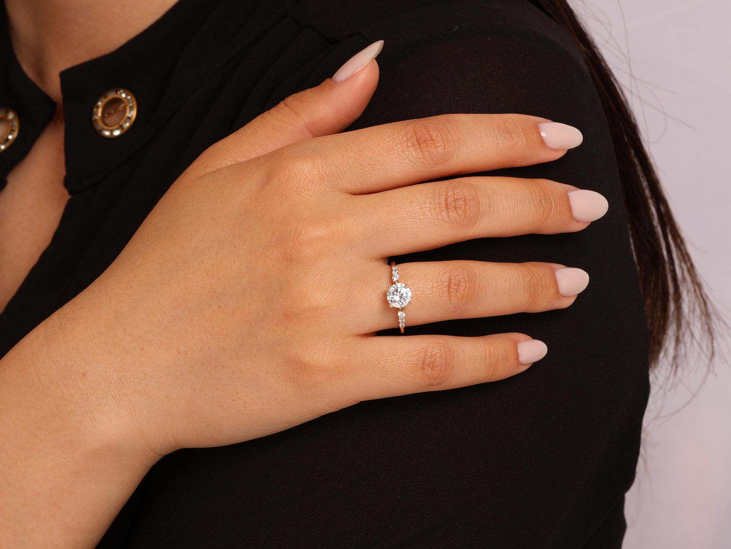 14K Gold Round Diamond Ring – Elegant Bridal Lab Grown Solitaire with Side Stones, Perfect for Engagements or Meaningful Milestone Gifts