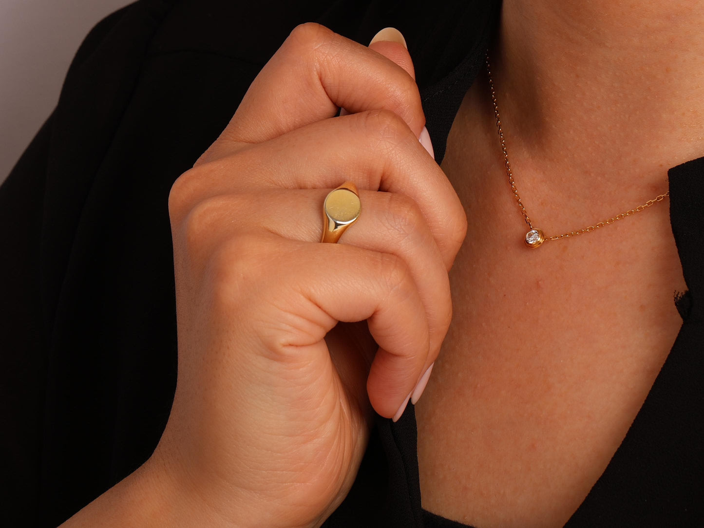 14K Solid Gold Oval Signet Ring – Minimalist Pinky Ring for Women, Dainty Engravable Gold Band