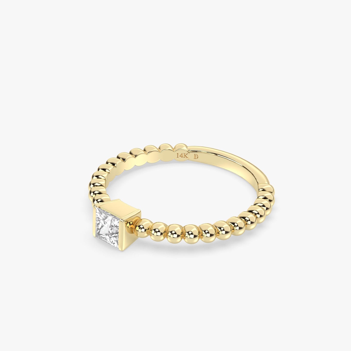 14K Gold Princess Cut Beaded Ring – Modern Minimal Band with Square Lab Diamond in Bezel Setting, Stylish Solid Gold Stacking Piece