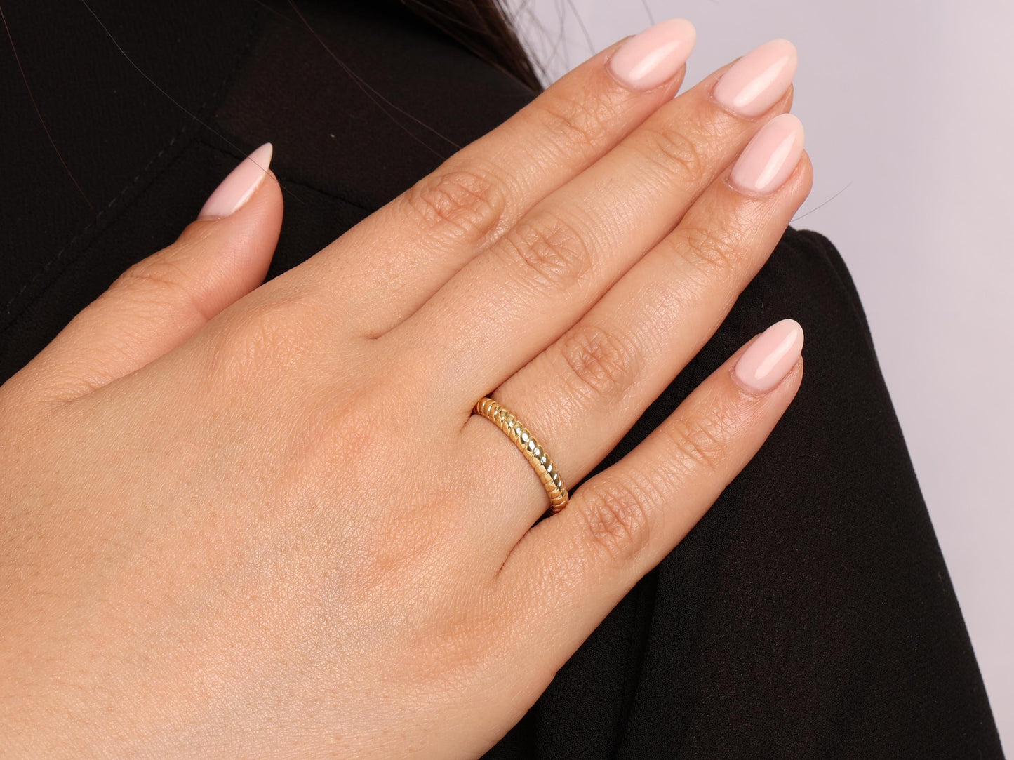 14K Solid Gold Twist Band Ring – Minimal Rope Style Stackable Ring, Slim Polished Band with Subtle Texture for Everyday Elegance