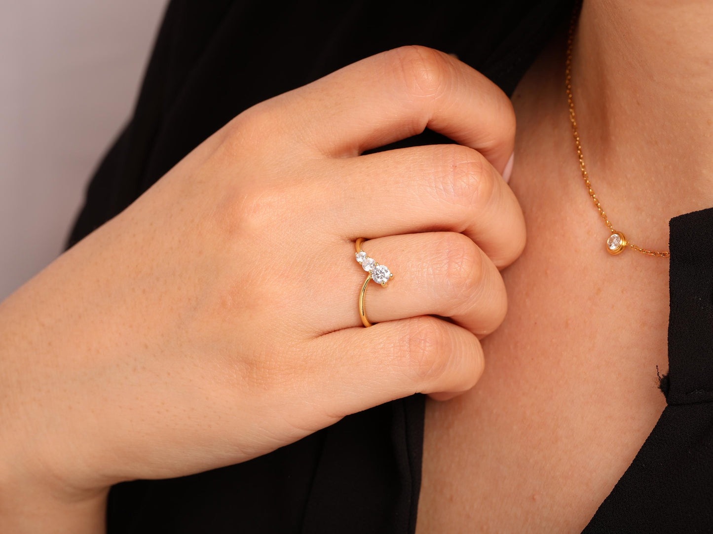 14K Gold Three Stone Diamond Ring – Dainty Solid Gold Band with Round Lab Grown Diamonds, Minimalist Stacking Ring for Women