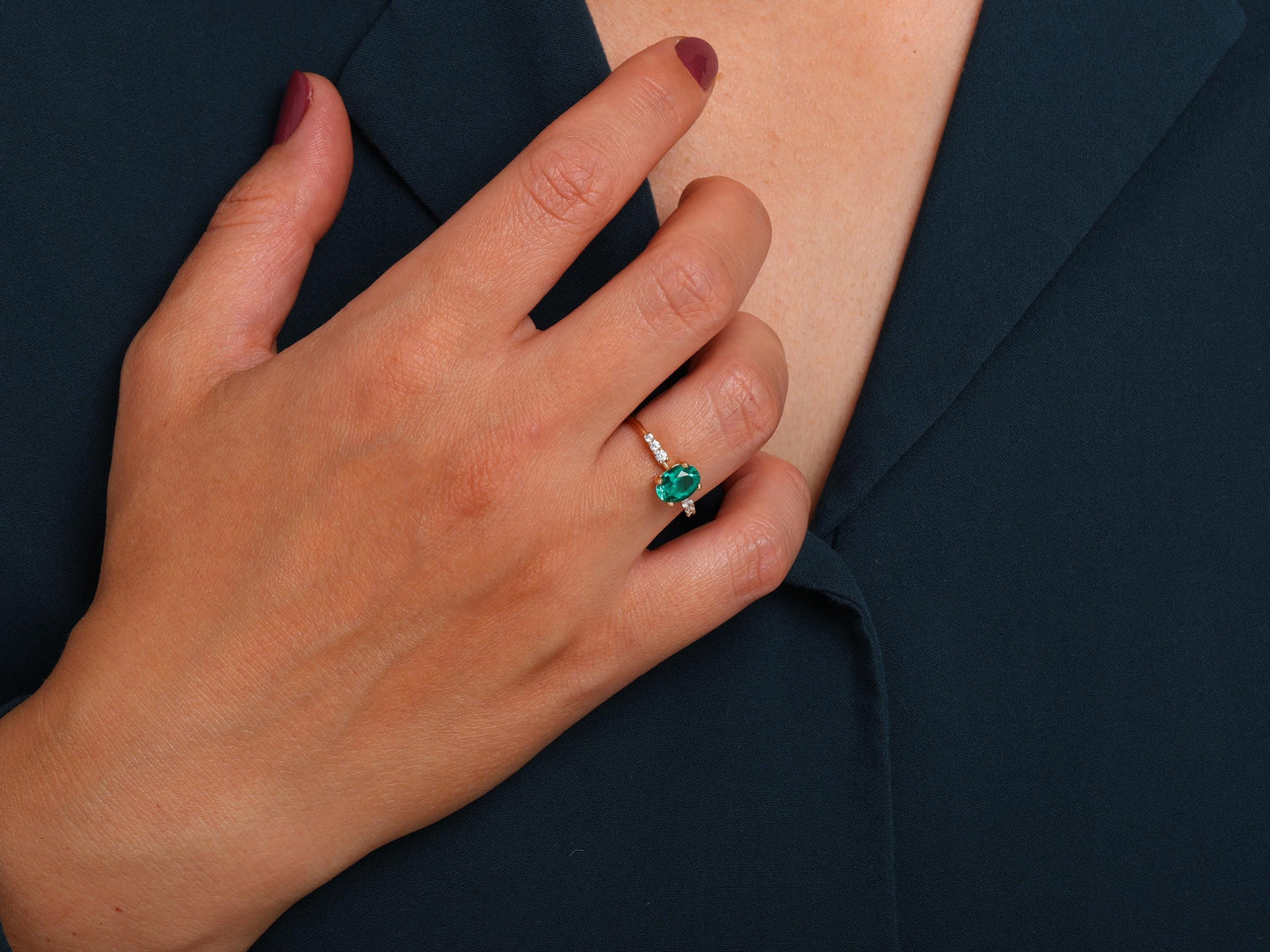 Oval Emerald Ring with Diamond Accents – 14K Yellow, White or Rose – Dainty Engagement or Stacking Gift for Her – Ruby, Sapphire, Amethyst
