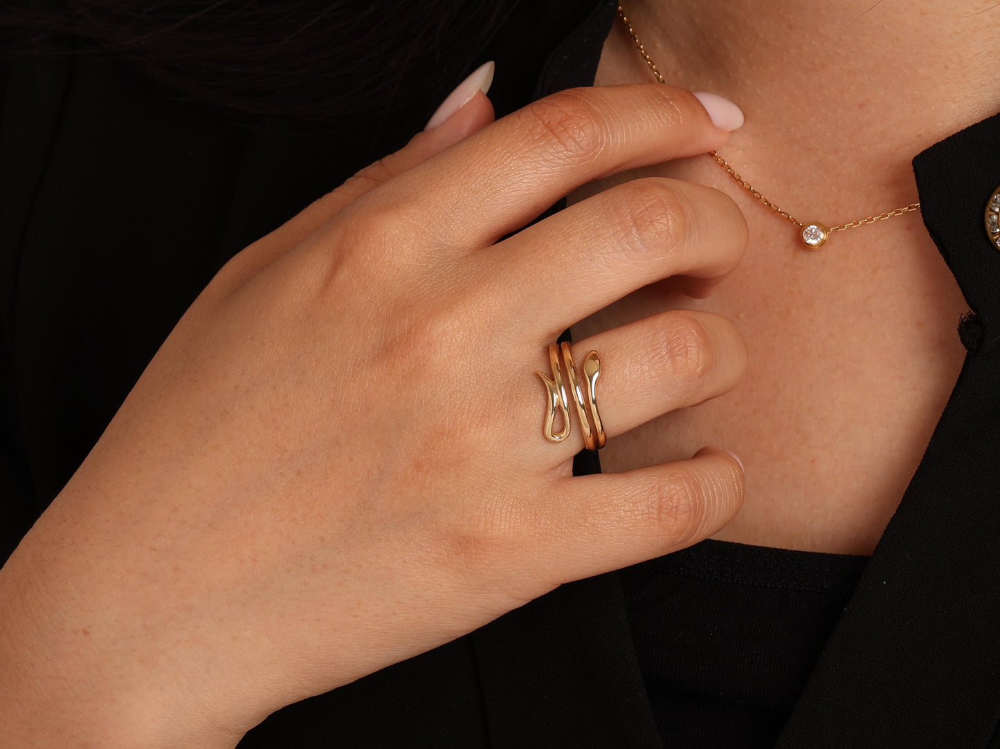 14K Gold Snake Ring – Minimal Serpent-Inspired Open Band, Double Wrap Style for Everyday Elegance or Unique Gift for Her